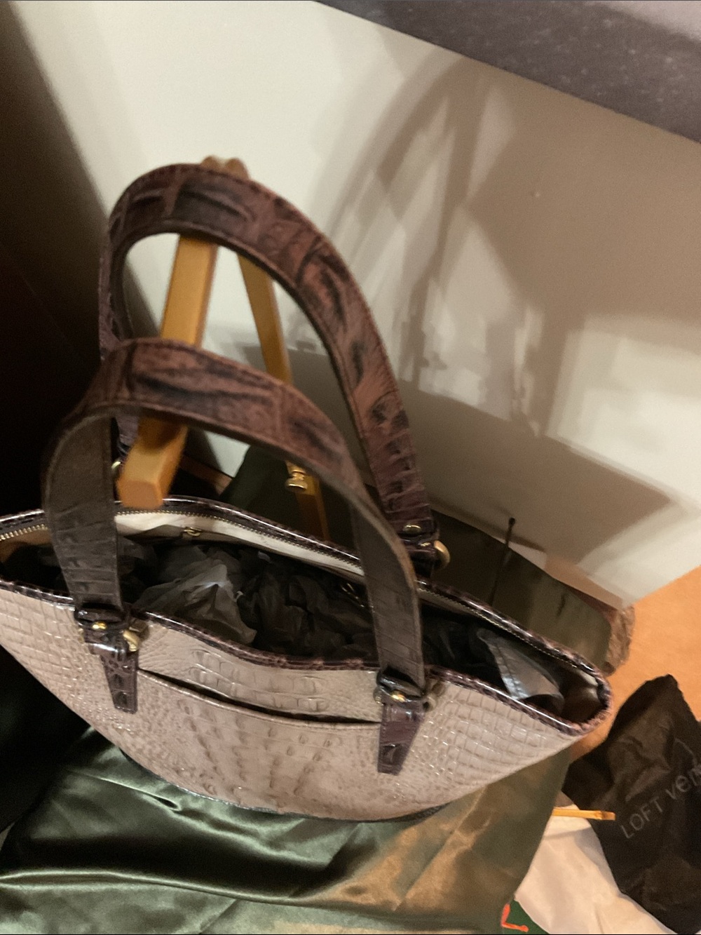 Brahmin Asher Taupe Croc-Embossed Tote with Dark Brown Trim and Gold Accents - Picture 3 of 12